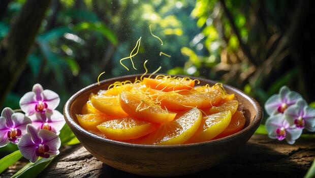 Orange Segments in Bowl with Zest and Orchids in Jungle Setting photo