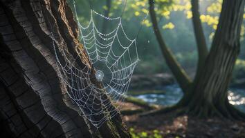 Spiderweb on Tree Covered in Dewdrops with Forest River Backdrop photo