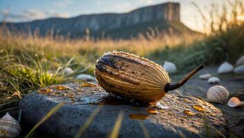 A coconut on a rock in front of a mountain photo