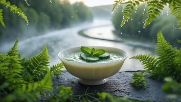 Serving Cucumber Soup with Mint Garnish by Tranquil River photo