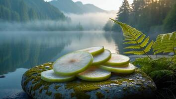 Lime Slices on Mossy Rock by Misty Lake in Forest Setting photo