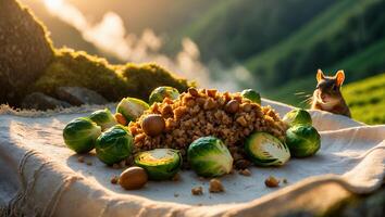 Preparing a Rustic Meal Outdoors with Brussels Sprouts and Grains photo