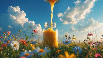 Pouring Orange Juice Into Glass Jar in Colorful Flower Meadow photo