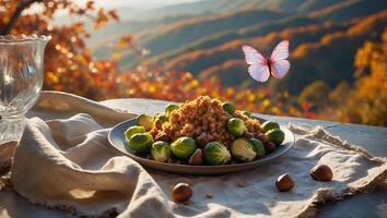 Serving Autumn Harvest Salad with Hazelnuts in Scenic Mountain Landscape photo