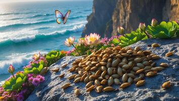 Pumpkin Seeds on Rock Overlooking Ocean with Flowers and Butterfly photo