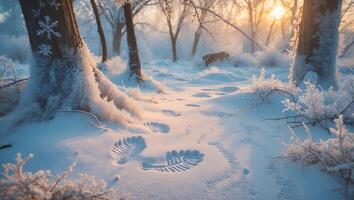 Walking Through Winter Wonderland Snow Covered Forest with Footprints Trail photo