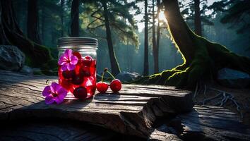 Cherries in a Jar on Wood with Forest Background and Flowers photo