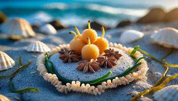 Arrangement of Star Anise Fruit and Shells on Beach Sand photo
