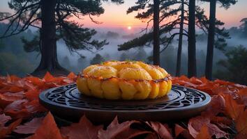 Baked Dish at Sunset Surrounded by Falling Autumn Leaves Outdoors photo