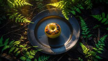 Grilled Apple on Metal Plate Surrounded by Ferns in Forest Setting photo