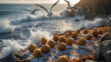 Seagulls Flying Above Oranges on Rocky Coastline with Crashing Waves photo
