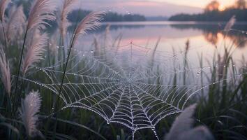 Dew Covered Spiderweb on Grass Near a Lake at Sunrise photo
