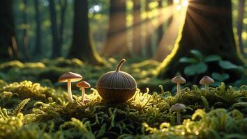 Mushrooms and Decorative Acorn in Forest with Sunlight Streaming Through photo