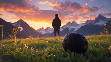 Man Standing in Mountain Meadow at Sunset with Round Object photo