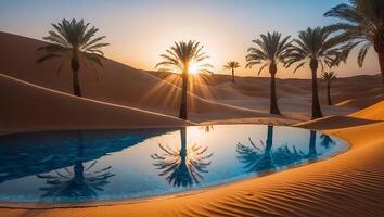Palm Trees Reflecting in Oasis Pool at Desert Sunset Scenery photo