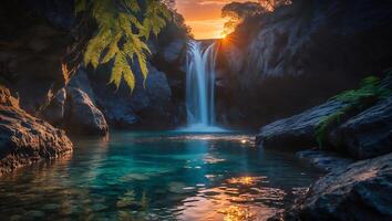 Waterfall Flows Into Turquoise Pool at Sunset with Fern and Rocks photo