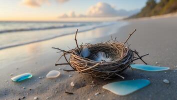 Bird's Nest with Feathers on Sandy Beach at Sunrise Serenity photo