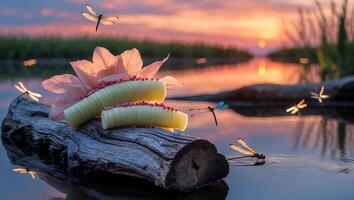 Dragonflies Flying Above Pond with Flower and Sunset Landscape photo