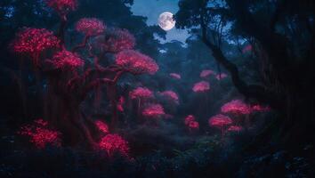 Glowing Pink Trees Illuminate Dark Forest with Moon in Sky photo