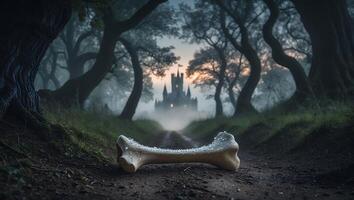 Bone on Forest Path Leading to Distant Castle Amidst Fog photo