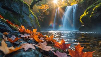 Waterfall View with Autumn Leaves and Sun Rays in Natural Setting photo