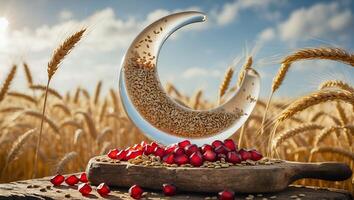Grain and Pomegranate Still Life on Wood in a Wheat Field photo