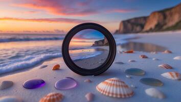 Seashore Through Circle Frame with Seashells and Sunset Landscape photo