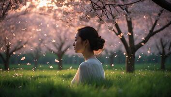 Woman Meditating in Blooming Orchard with Falling Petals in Spring photo