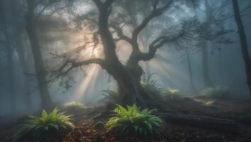 Sun Rays Shining Through Foggy Forest with Tree and Ferns photo