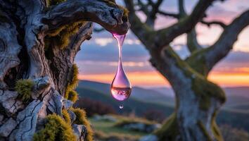 Sap Dripping From Tree Branch Reflecting a Colorful Sunset Landscape photo