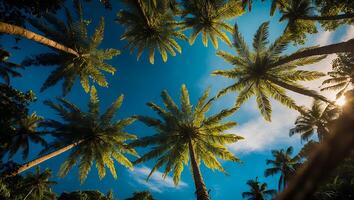 mirando arriba a tropical palma arboles en contra un brillante azul cielo foto