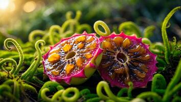 Halved Exotic Fruit Surrounded by Green Vines with Glowing Light photo