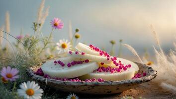 Sliced Root Vegetables with Pink Toppings in Rustic Bowl Outdoors photo