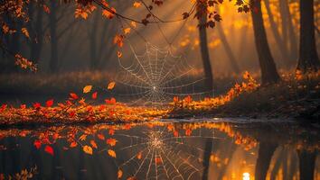 Spiderweb Hangs Over Tranquil Water Reflecting Autumn Foliage in Forest photo
