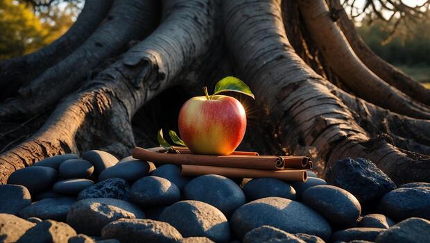 Apple and Cinnamon Arrangement on Rocks Below Large Tree Roots photo
