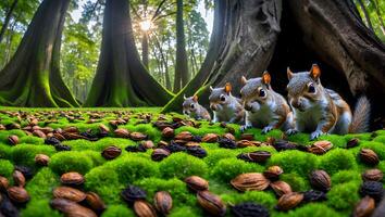 Four Squirrels Foraging for Nuts in Lush Green Forest Ground photo