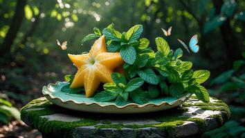 Star Fruit and Mint on Plate with Butterflies in Serene Forest photo
