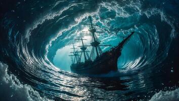 Ship Navigating Giant Ocean Wave with Light Breaking Through Water photo