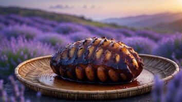Roasted Meat Dish on Wicker Plate Against Lavender Field Scenery photo