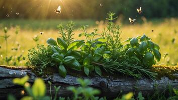 Fresh Herbs Growing on Log in Garden with Sunlit Background photo