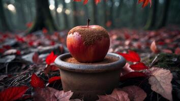 Red Apple with Cinnamon in Pot Surrounded by Autumn Leaves photo