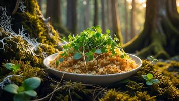 Serving Couscous Salad Topped with Sprouts in a Forest Setting photo