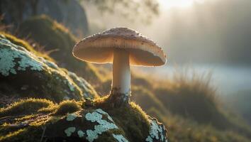 Mushroom Growing on Mossy Rock with Sunlight in Nature Scene photo