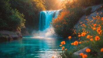 Waterfall Flows Into Turquoise Pool with Orange Flowers and Sunlight photo