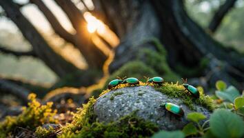 Insects Gathering on Mossy Rock Near Tree at Sunset photo