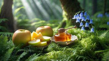 Apples and Honey Still Life in Forest with Sunlit Ferns photo
