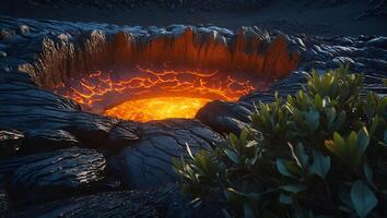 Glowing Lava Pit Surrounded by Black Rocks and Sparse Vegetation photo