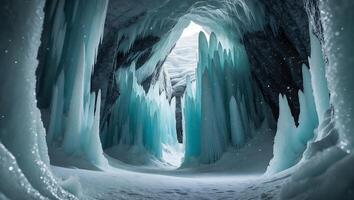 Exploring a Frozen Ice Cave with Blue Ice Formations and Snow photo