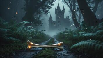 Bone Lying on Path Leading to Misty Castle in Forest photo