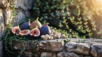 Arrangement of Figs and Pistachios on Aged Stone Steps Outdoors photo